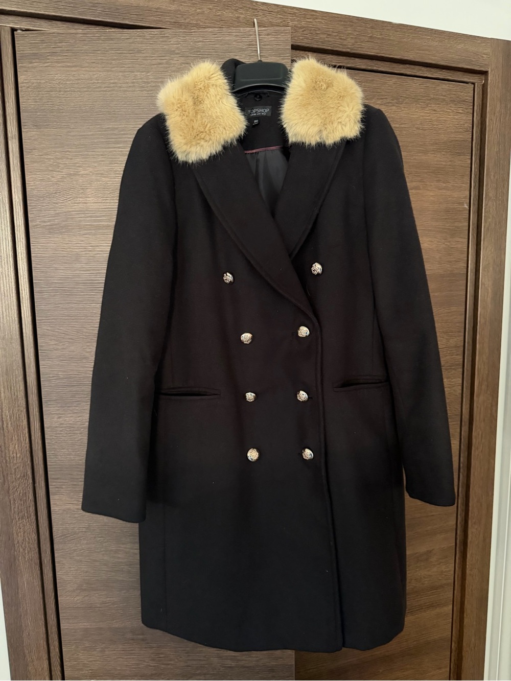Topshop Nina Black Double-Breasted Military Coat with Tan Faux-Fur Collar